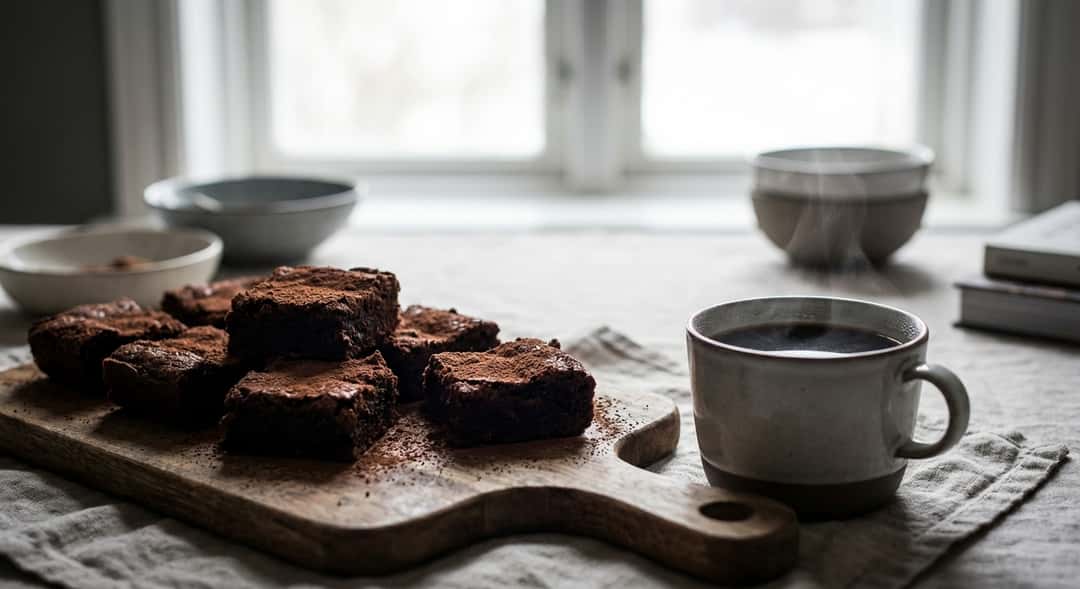 Valmis brownie leikattuna neliöiksi, tarjoiltuna puulaudalla, höyryävä kahvikuppi vieressä