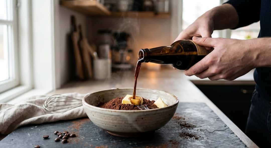 Nærbilde av mørk stout som helles fra en flaske inn i en bolle med kakaopulver og smør, damper lett i varmt kjøkkenlys