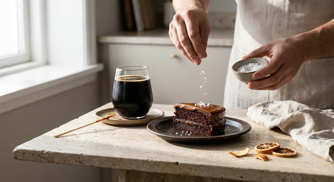 Et skjært stykke mørk sjokoladekake med blank karamellglasur og flaksalt på toppen, servert på en mørk tallerken, (Amund