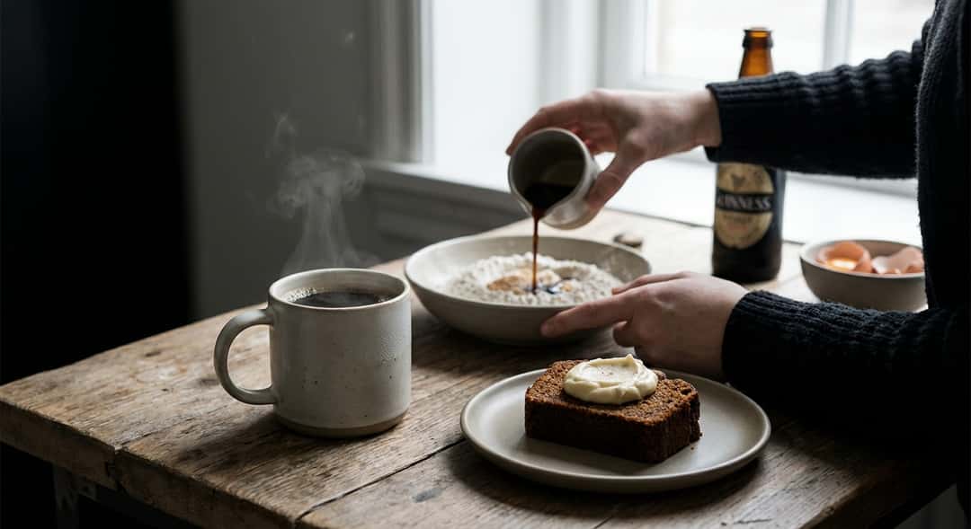 Kraftig krydderkake dekket med lys ostekrem, skåret i firkanter, dampende kaffekopp ved siden av