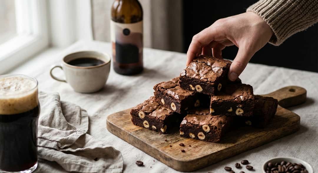 Firkantede brownies med sprukken overflate og synlige hasselnøtter, stablet på et trebrett, en kopp kaffe ute av fokus i