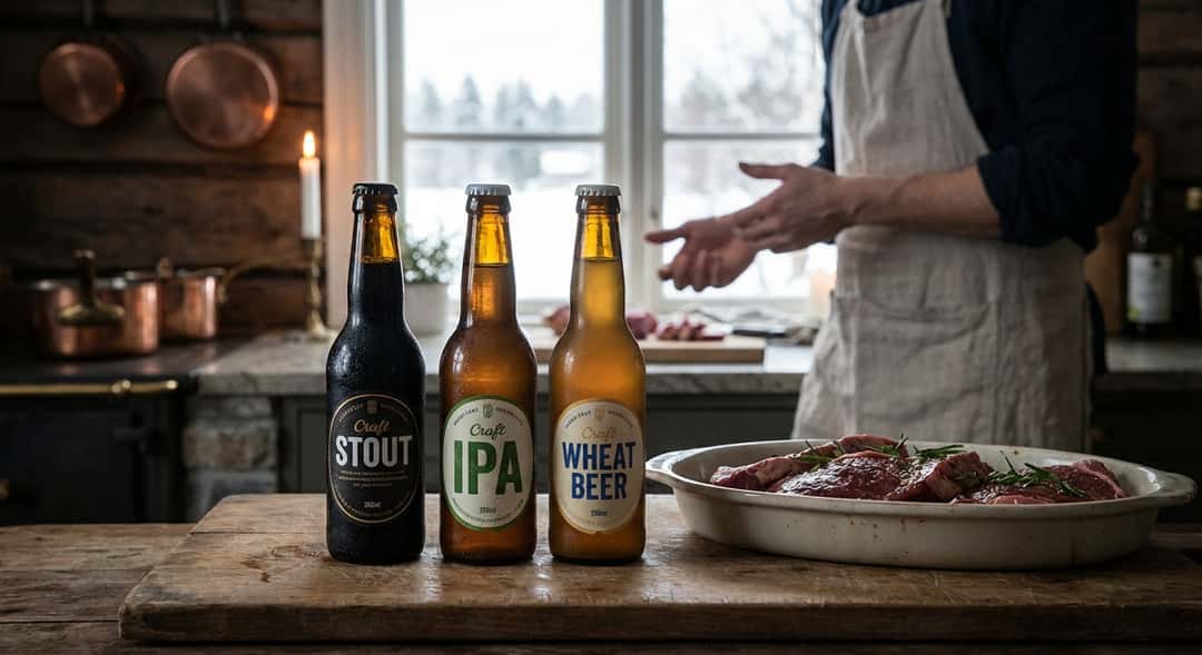 Tre flasker øl – mørk stout, gyllen IPA og hveteøl – står ved siden av rått kjøtt på trefjøl, rustikk kjøkkenstemning me