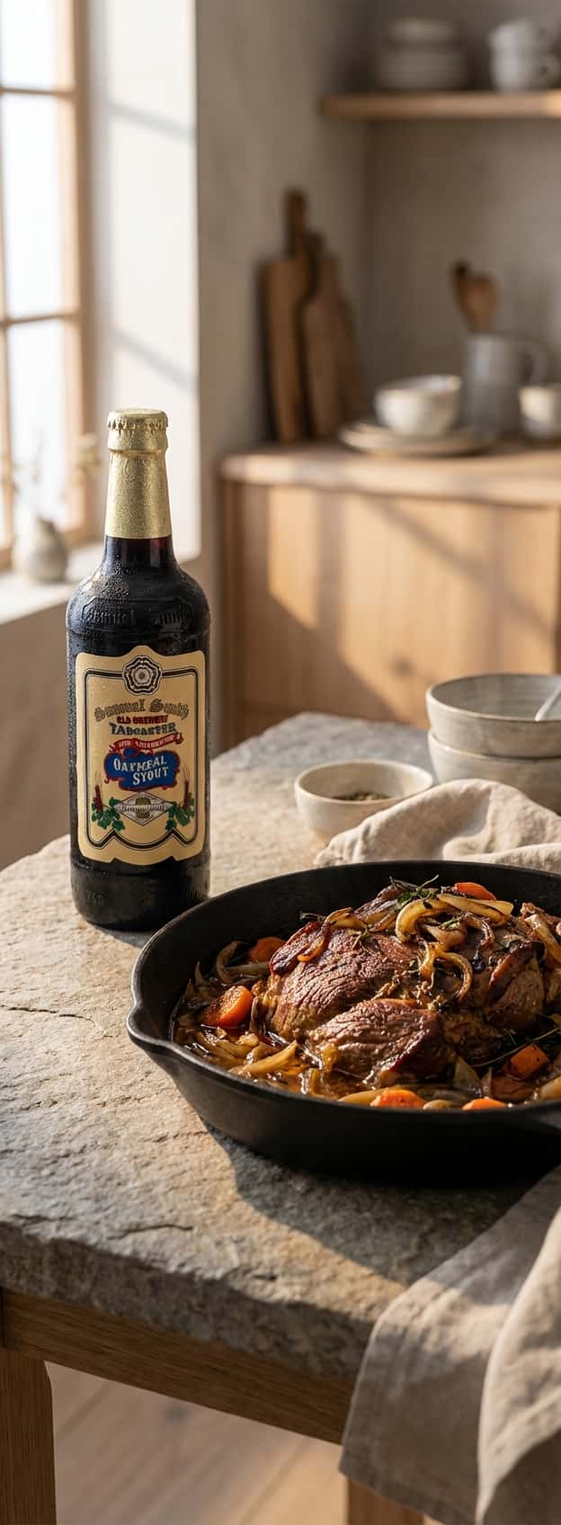 , flaske Samuel Smith's Oatmeal Stout ved siden av marinert svinenakke i stekepanne, duggfri flaske
