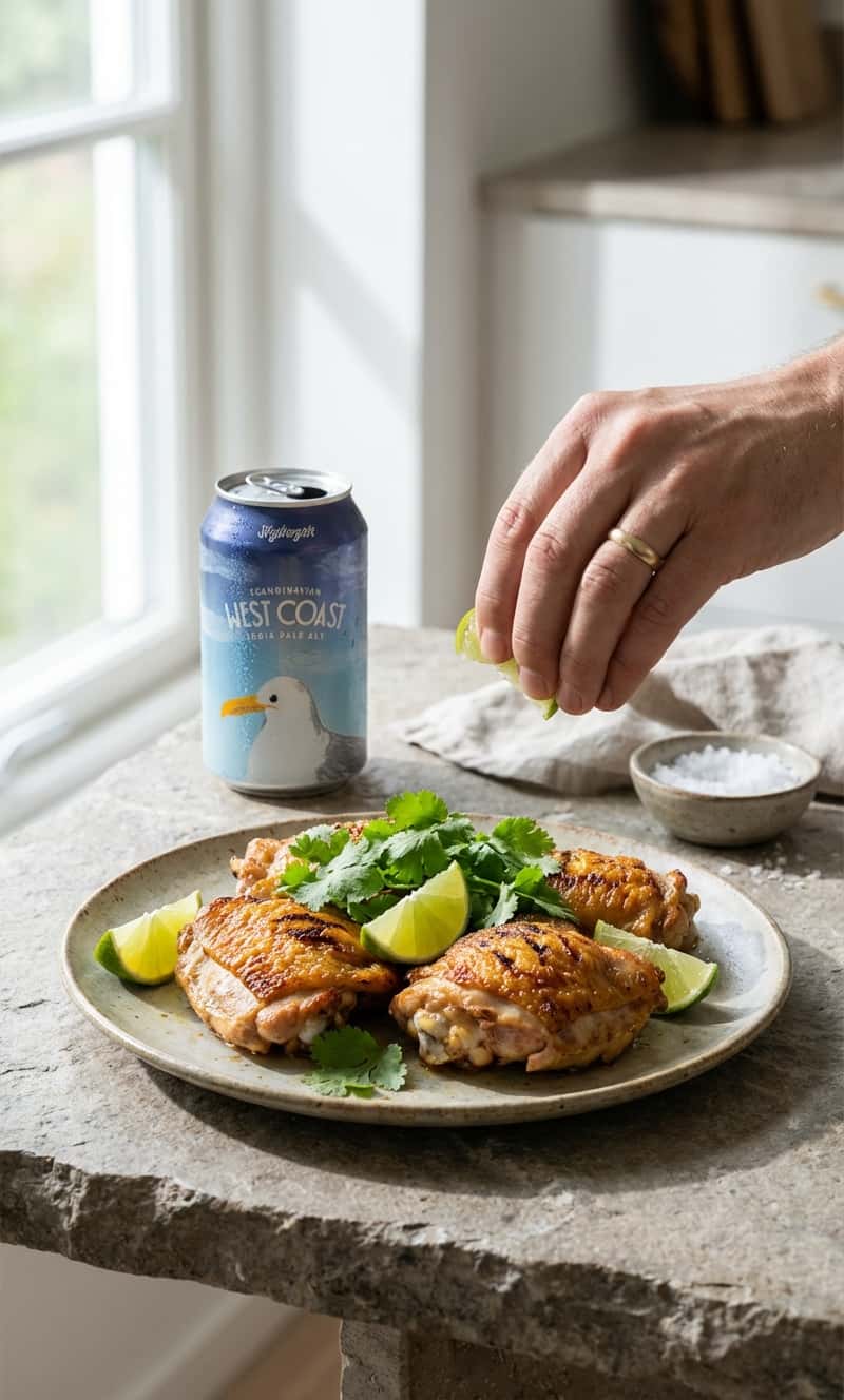 , grillet kyllinglår med gyllent, sprøstekt skinn servert med fersk koriander og limebåter, flaske Stigbergets West Coas
