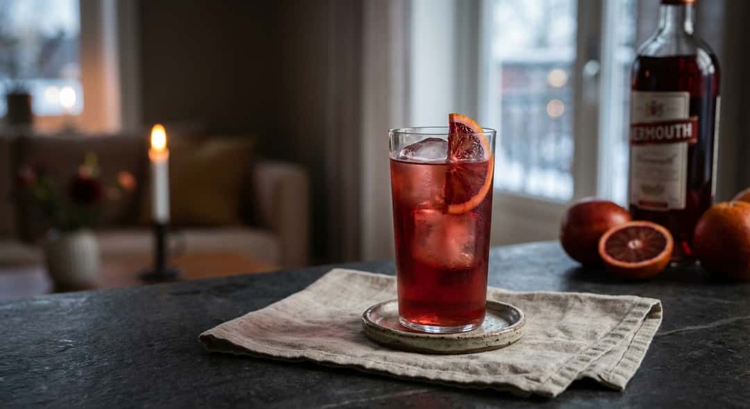 A tall glass with red vermouth and blood orange juice, ice cubes, a slice of blood orange on the rim, winter evening light in the background