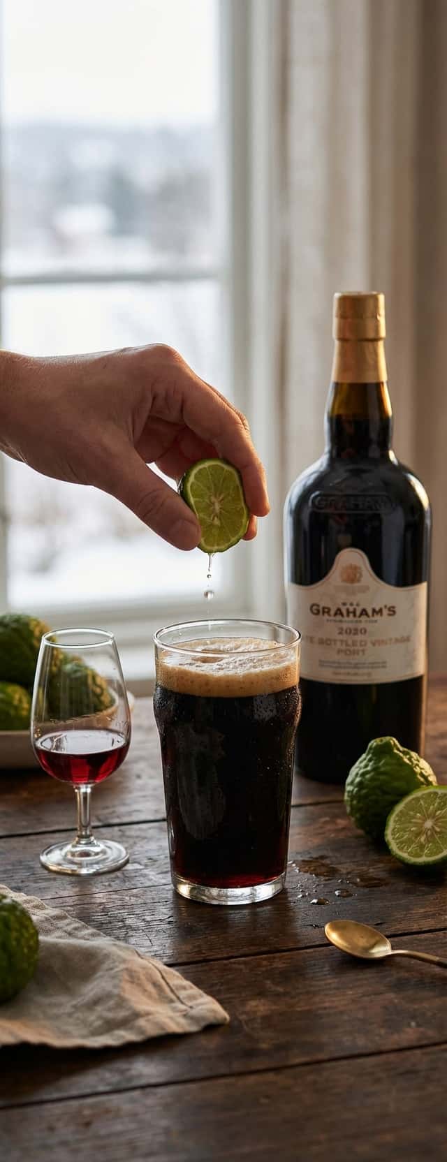 A bottle of Graham's Late Bottled Vintage 2020 on a dark tabletop next to fresh bergamot and a glass of dark porter