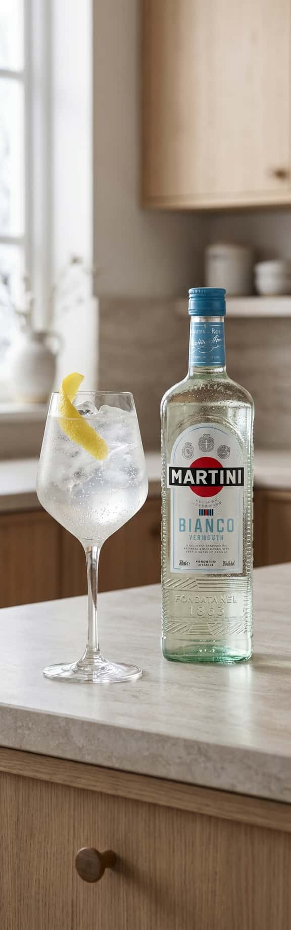 Elegant wine glass with Yuzu Spritz, bubbles rising, lemon peel twist, bright kitchen interior (Martini Bianco)