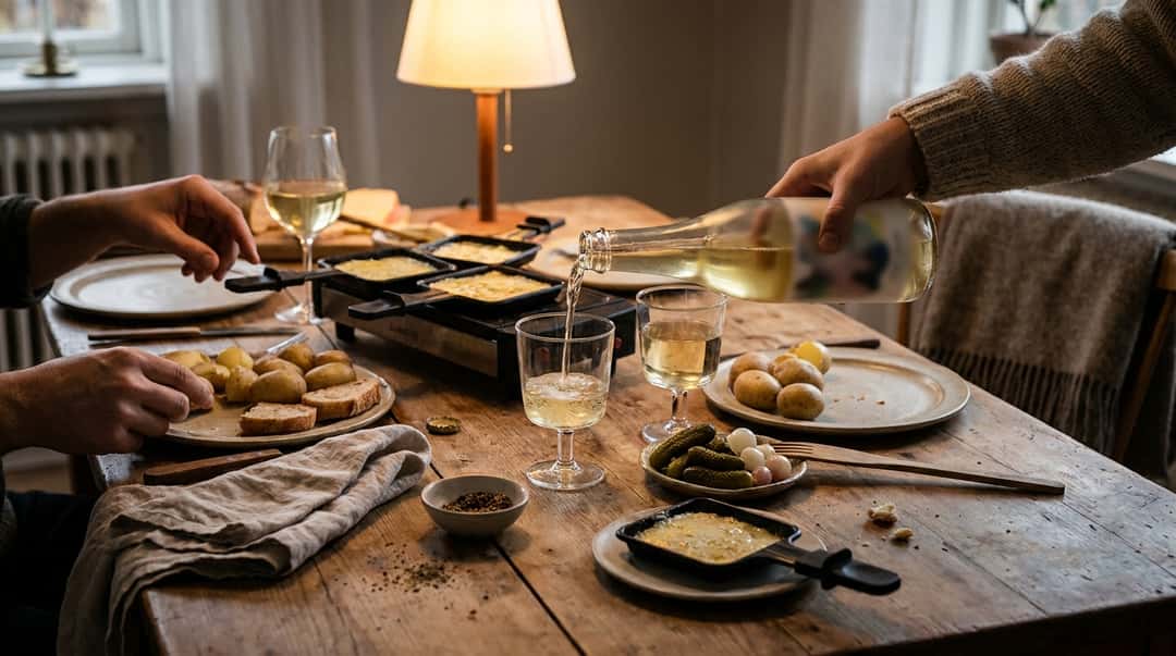 Ett dukat träbord med raclettejärn, smält ost i små pannor, kokt potatis, cornichoner och en hand som häller dryck i ett glas.