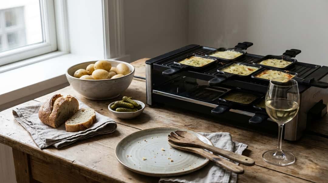 Ett dukat träbord vid ett fönster med en raclettegrill, smält ost i små pannor, kokt potatis, cornichoner, bröd och ett glas vitt vin.