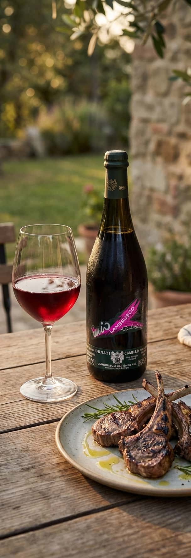 Lasi Camillo Donati Lambrusco dell'Emiliaa rustiikkisella puupöydällä, vieressä lautanen grillattua lammasta, (Camillo