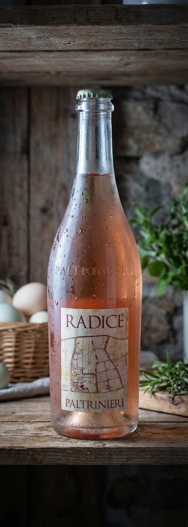 Pullo Paltrinieri Radice Lambrusco di Sorbara 2024 mökin jääkaapissa, pullon pinnalla kevyt huuru,