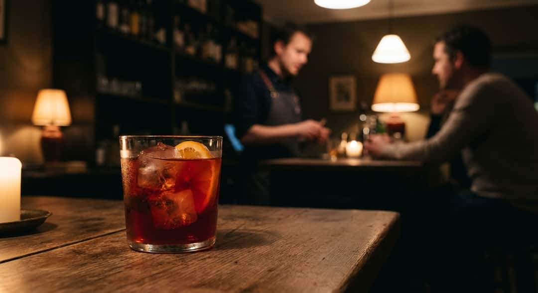 Punainen, kupliva Negroni Sbagliato -lasi jäillä ja appelsiinisiivulla, tarjoiltuna puisella pöydällä kesäillan valossa