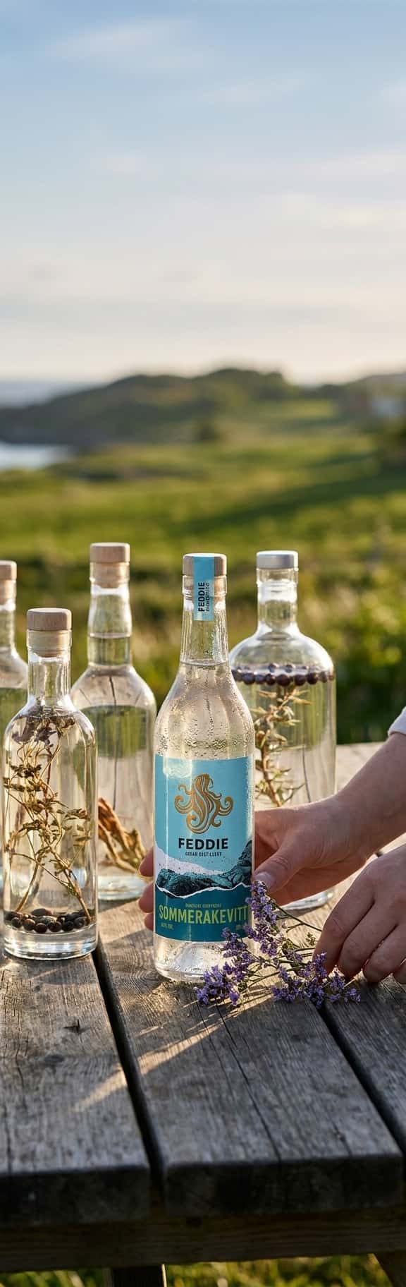 Five Norwegian bottles of seasonal products lined up on a wooden table outdoors, green landscape in the background, warm spring light (Fedd