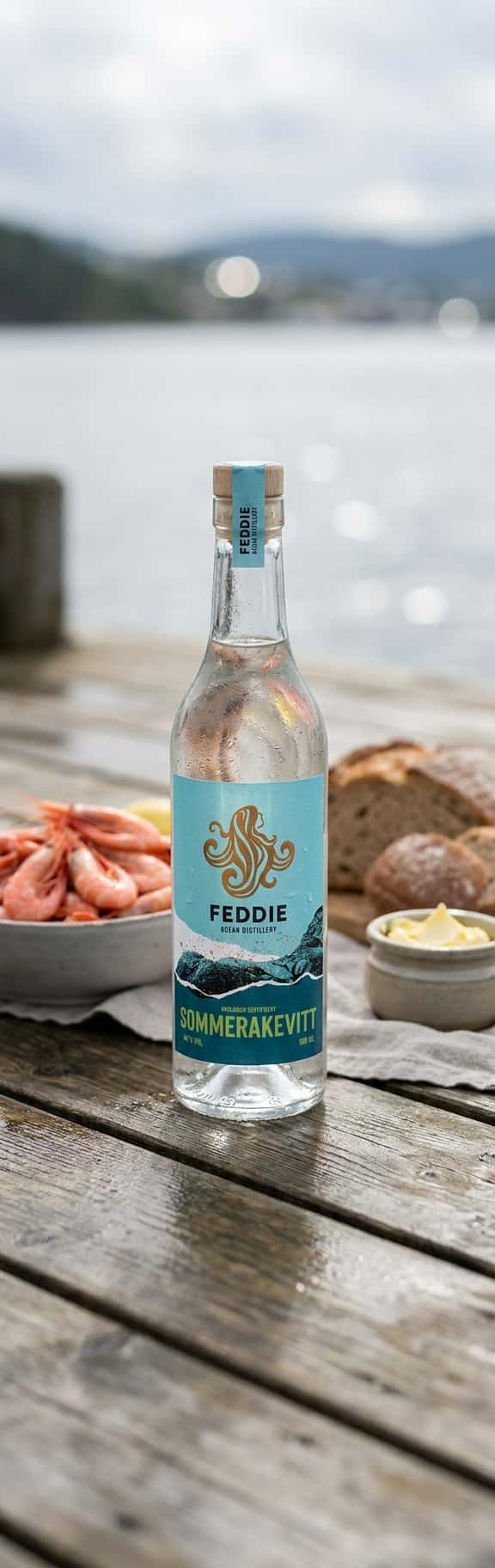 Feddie Sommerakevitt bottle on a sea dock, prawns and bread in the background,