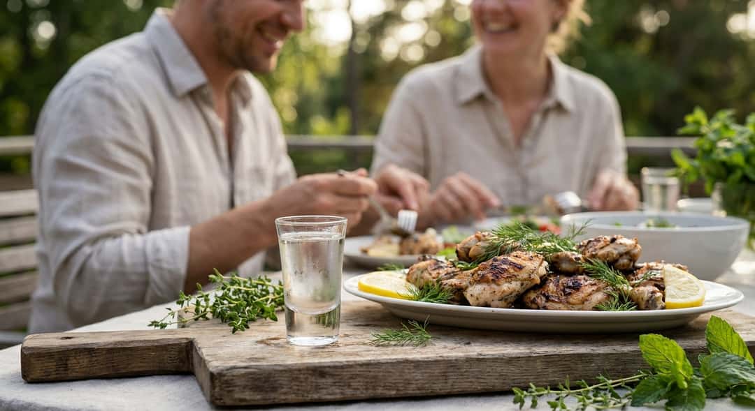A small glass of summer aquavit on a wooden board in the garden, fresh herbs and a plate of grilled chicken alongside, (Gardsbr