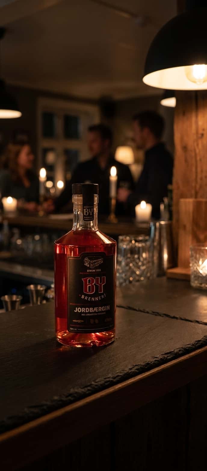 En glasskrukke med jordbær og klar gin, solskinn som faller gjennom glasset og gjør alt rosa og lysende (By Brenneri Jor