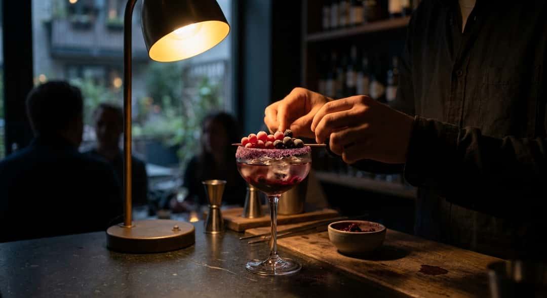Et cocktailglass med ripsgarnish og solbær-sukkerrand, isklare isbiter synlige gjennom glasset, bakgrunn av sommerlig ha