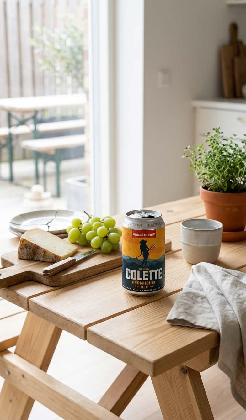 Pullo Great Divide Colette Farmhouse Alea puisella piknikpöydällä juuston ja viinirypäleiden vieressä