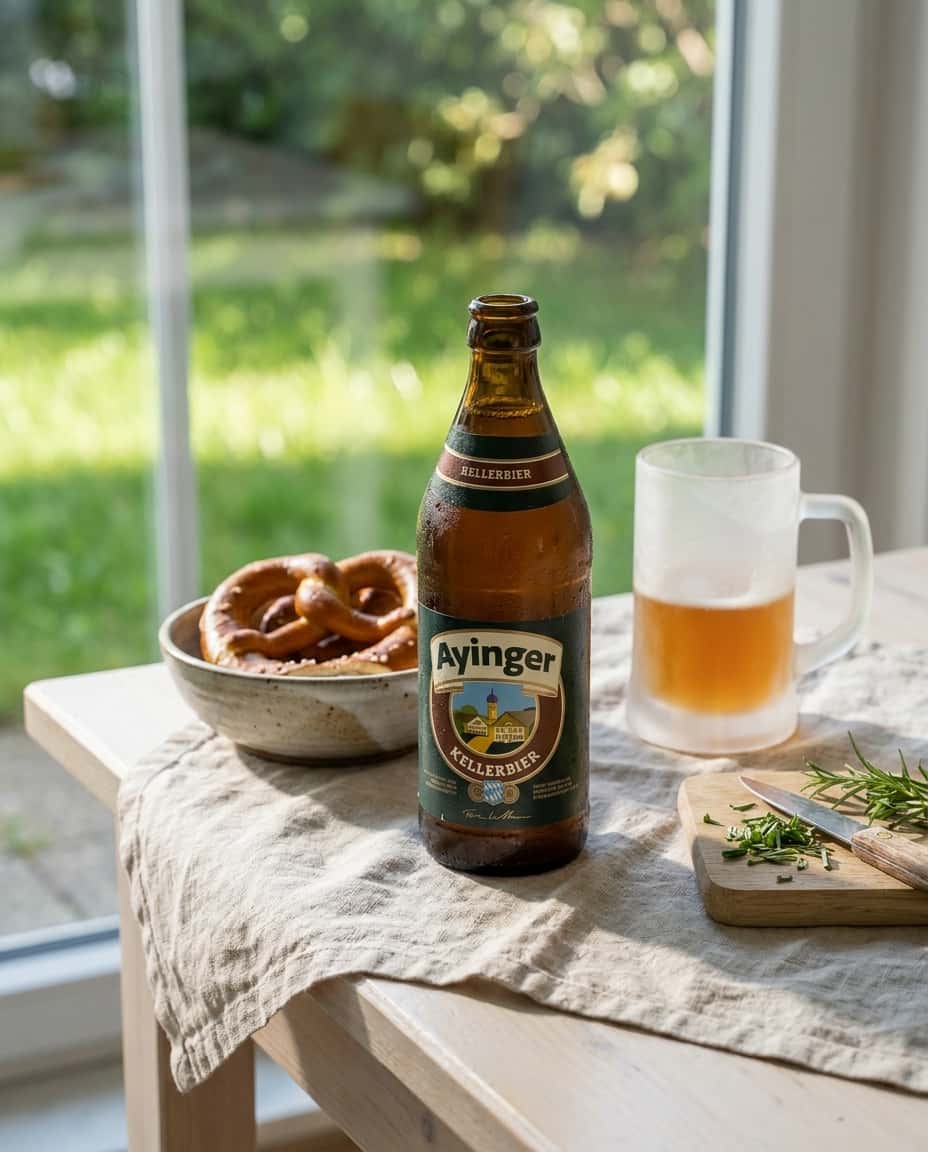 Jäinen pullo Ayinger Kellerbier kondenssilla lasissa, auringonpaiste ja vihreä ruohikko taustalla