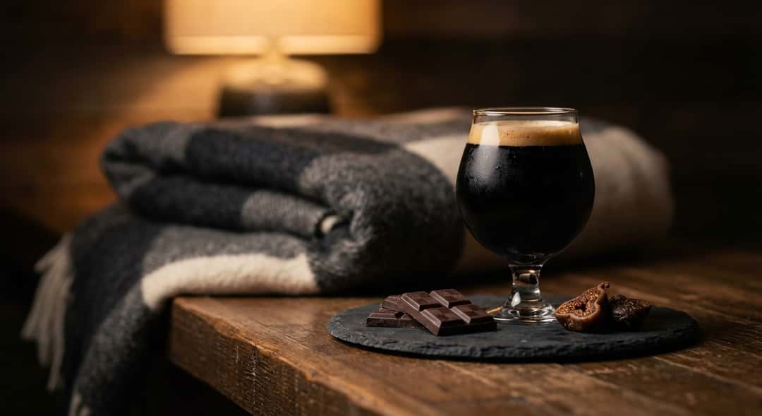 med en liten desserttallrik bredvid, styling som visar ölet som en måltid (Amundsen Bourbon Barrel Aged Sticky Li