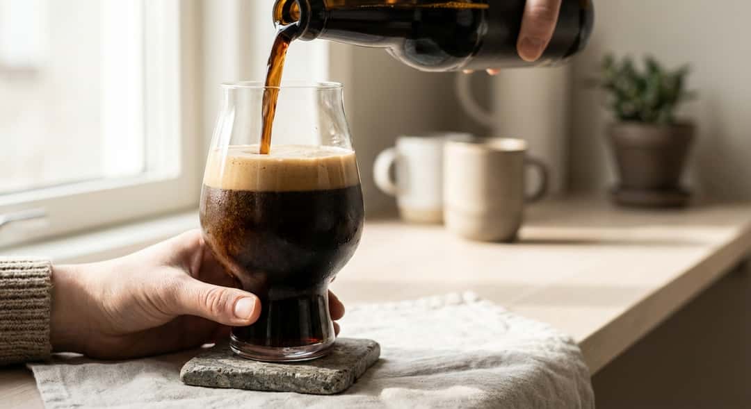 Närbild av tjockt, mörkt öl som hälls långsamt från flaska till glas, sirapsaktig textur, kraftigt skum