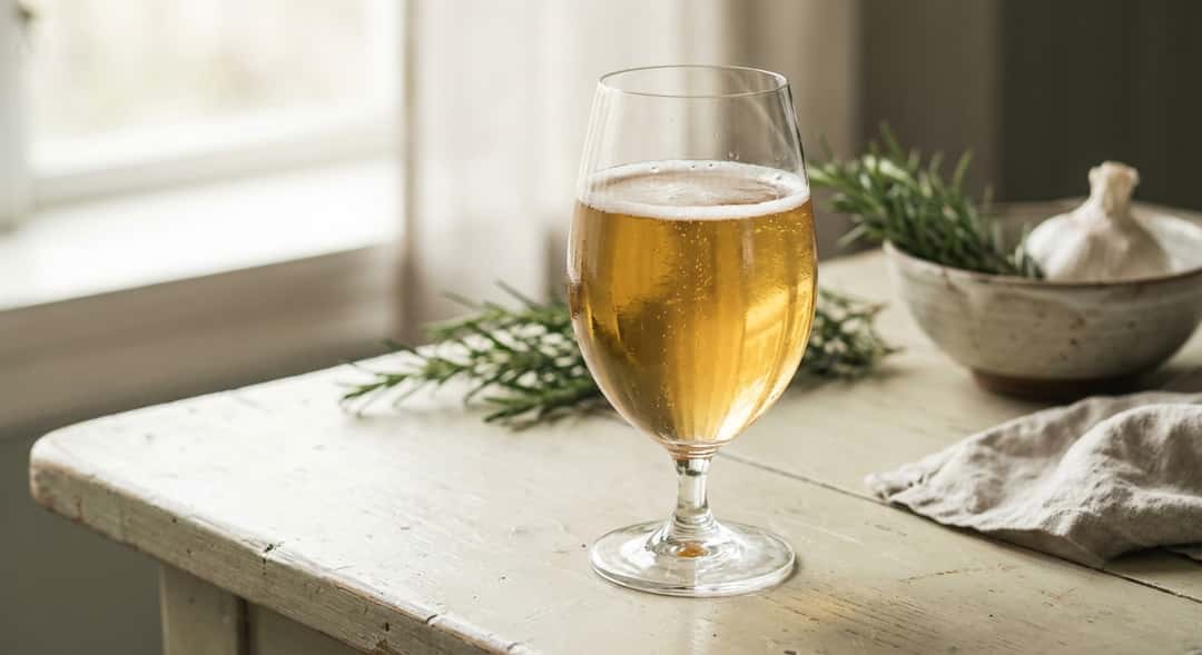 Et glass med gylden saison på et trebord i påskelys, med rosmarin og hvitløk i bakgrunnen
