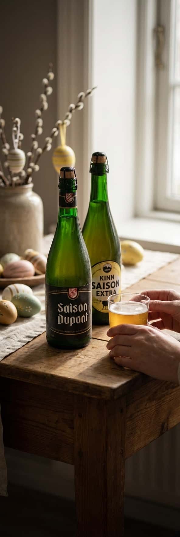 To flasker saison – Saison Dupont og Kinn Saison Extra – stilt opp på en rustikk kjøkkenbenk med påskepynt i bakgrunnen,