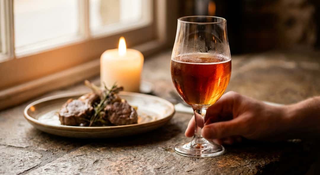 Et halvfullt glass amber ale i stearinlys, varmt lys reflektert i det rødgylne ølet, med en tallerken med lammekjøtt i b