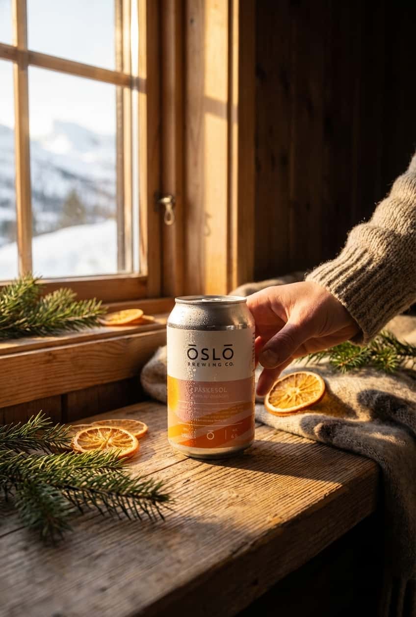 En boks Oslo Brewing Påskesol NEIPA på en fjellhytte-benk med påskesol gjennom vinduet,