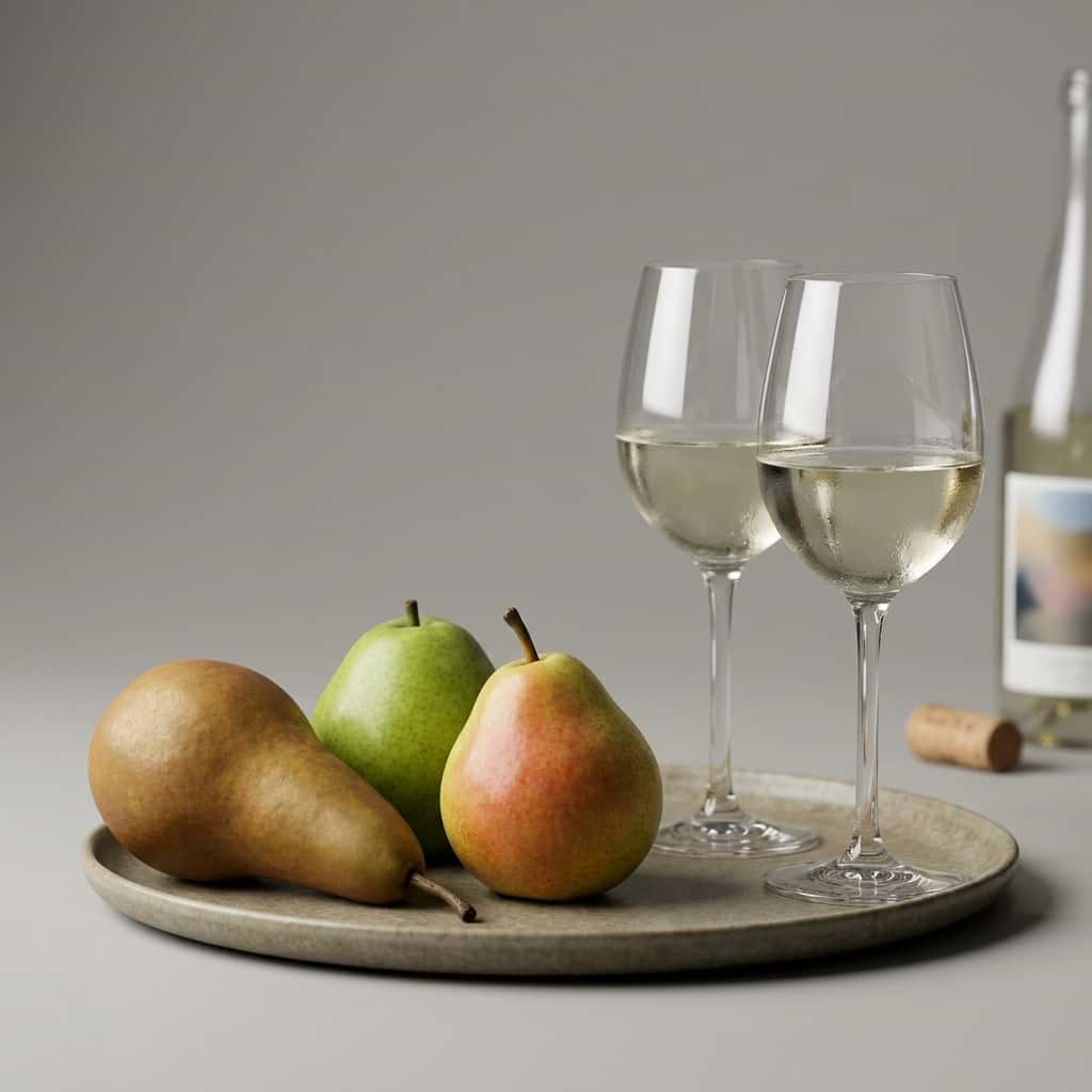 Ett fat med olika päronsorter – Conference, Anjou, Comice – uppdukat för smakning, tillsammans med två glas vitvin