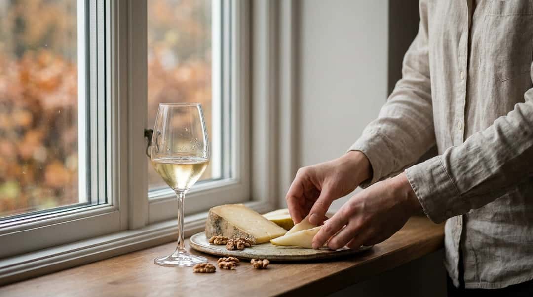 Servering av ostbricka med päronskivor, valnötter och ett glas Anjou-vitvin, varmt kvällsljus