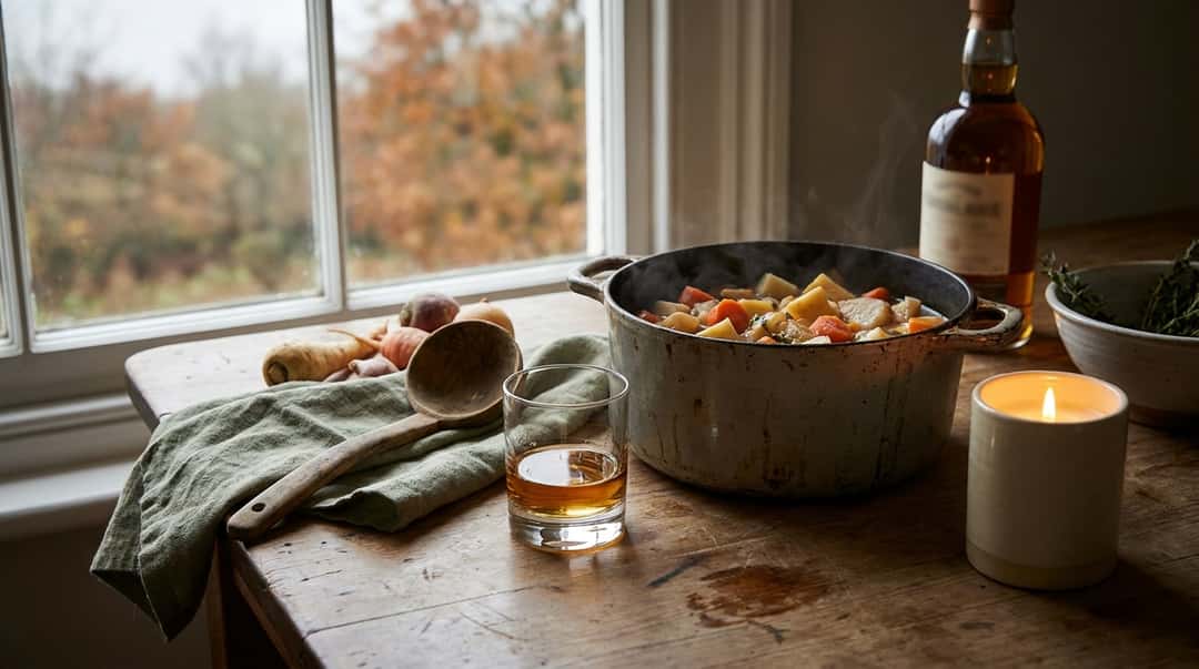 Gjutjärnsgryta med rotfruktsgryta med ånga stigande, tillsammans med ett glas rökig whisky