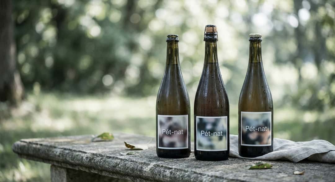 Tre olika pét-nat-flaskor från olika länder uppställda på en stenbänk utomhus, solljus och grönt i bakgrunden