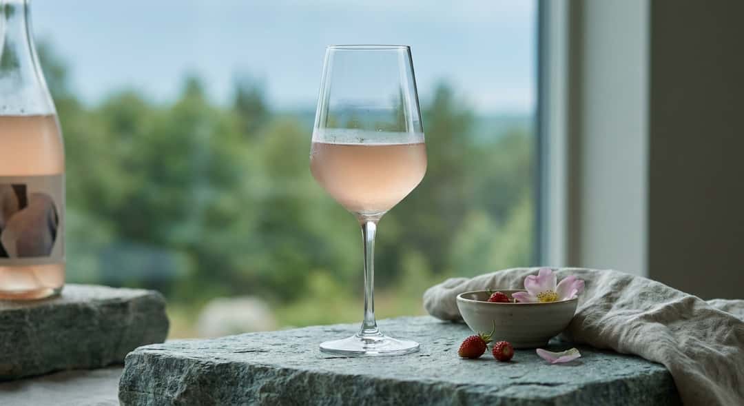 Ett glas med rosa pét-nat hållet mot ett bakgrundslandskap av gröna träd och blå himmel, (Villa Noria Les Infusions Pét-Na