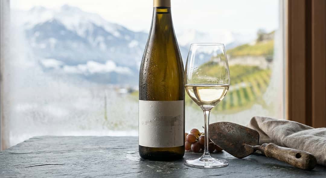 Steile vinmarksterrasser i Valais, Sveits, med snødekte Alper i bakgrunnen og solskinn over gnistrende grønne vinstokker