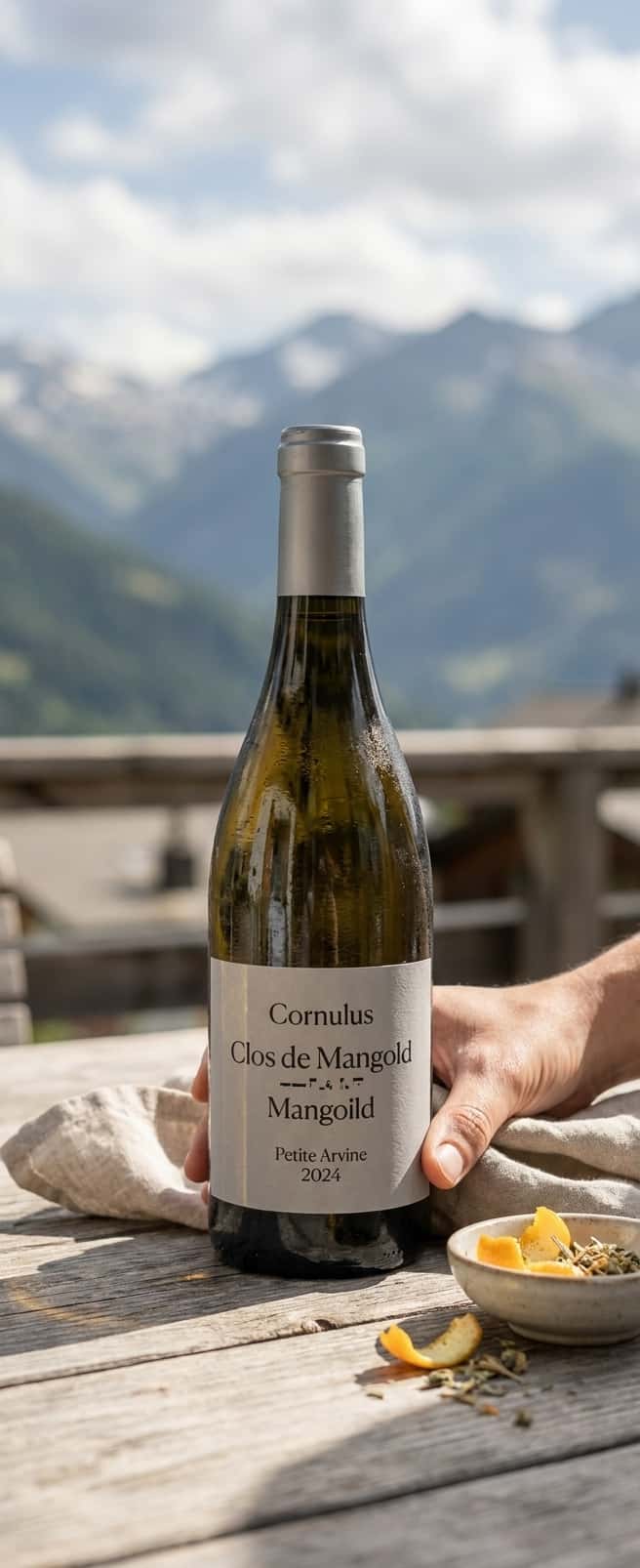 Flaske Cornulus Clos de Mangold Petite Arvine 2024 på rustikk treterrasse med Alpeutsikt,