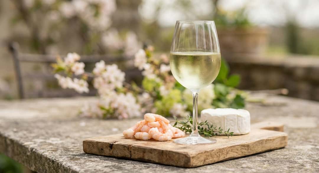 Aperitiff-stund utendørs med et glass lyst gyllengrønt hvitvin, reker og fersk chèvre på et trefjøl, vårblomster i bakgr