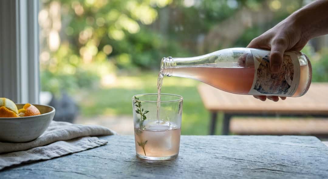 Nærbilde av piquette helles fra flaske i et enkelt klart glass, isbit i glasset, sommergrønn bakgrunn