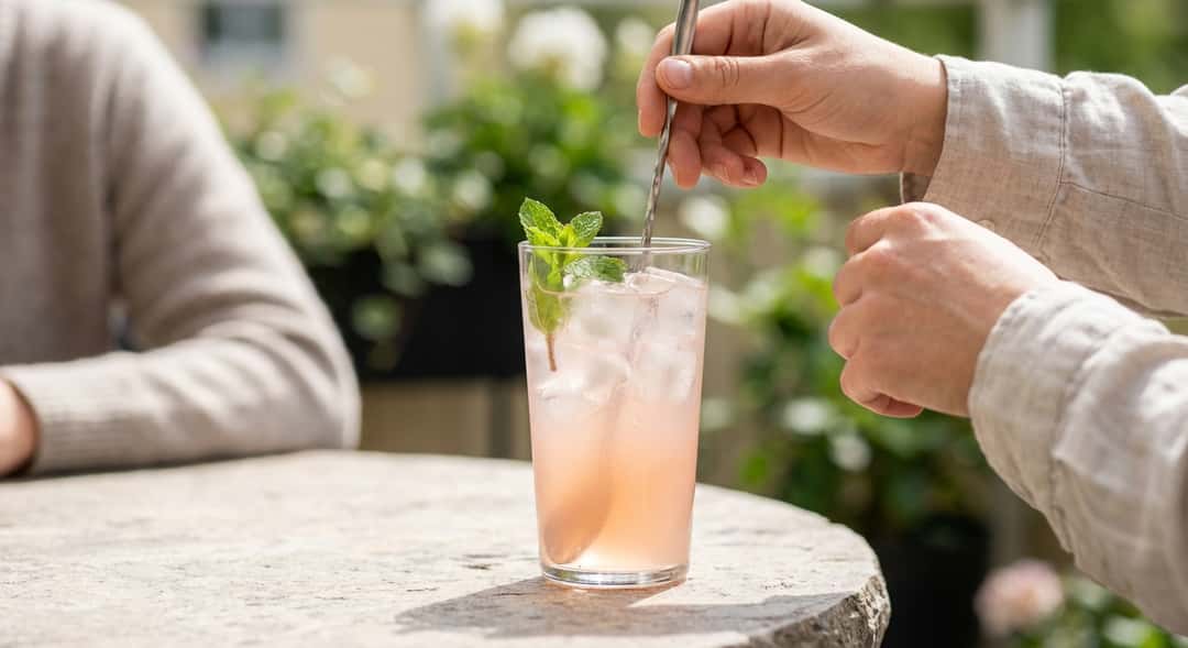 A tall glass filled with ice, light pink rhubarb lemonade, and a sprig of mint, photographed outdoors in spring sunlight, (Tundra Rab