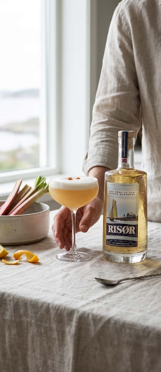 An Aquavit & Rhubarb Sour in a classic cocktail glass with a beautiful foam layer and drops of bitters on top, set in natural