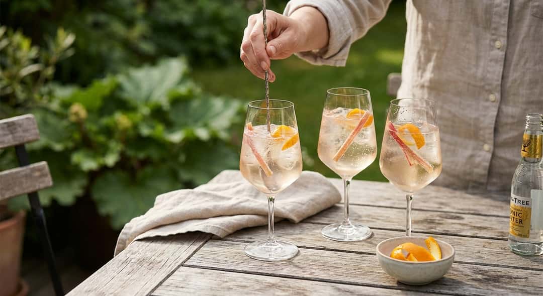 Three glasses of Rhubarb Spritz on an outdoor wooden table, garnished with rhubarb strips and orange peel, with a green garden in the backgrou