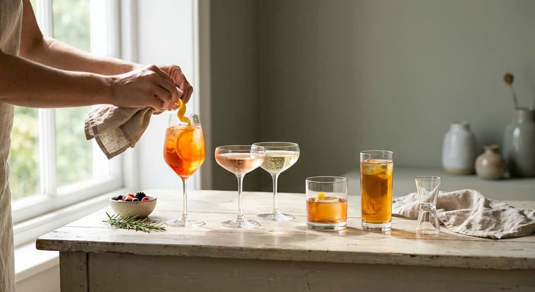 A row of different summer glasses filled with colorful drinks on a wooden table in sunlight – spritz, rosé, sparkling wine, and longdrink