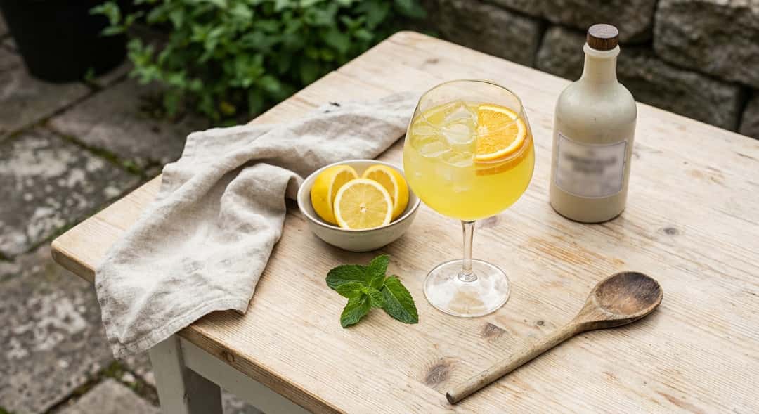 A large balloon glass with Limoncello Spritz Alkoholfri, orange slice and ice, photographed outdoors in natural daylight –