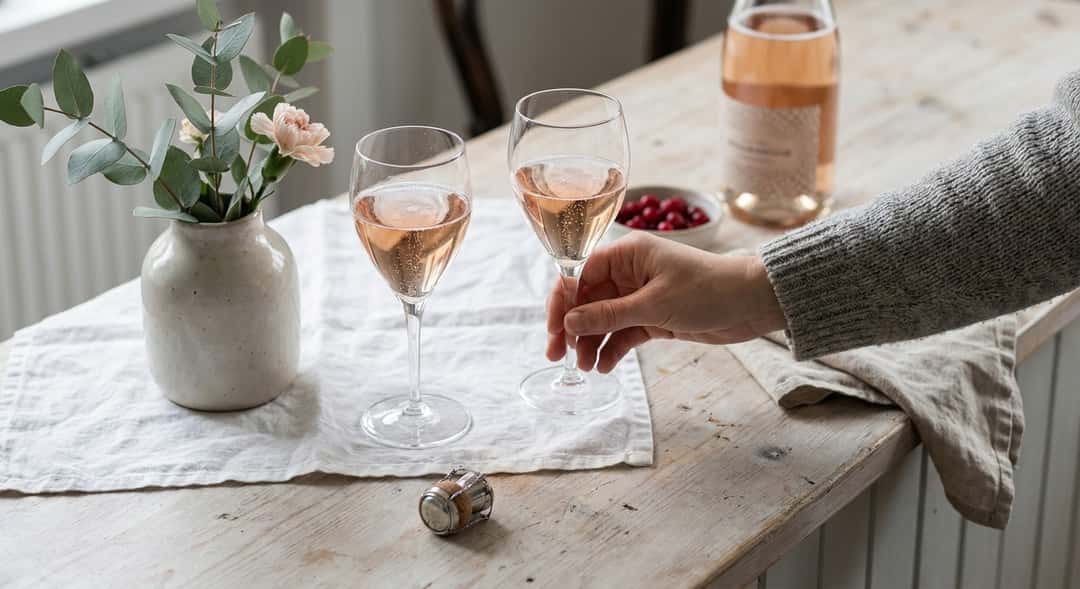 Two champagne tulip glasses with rosé sparkling wine, bubbles visible, on a white tablecloth with flowers beside them – (Diebolt-Vallois