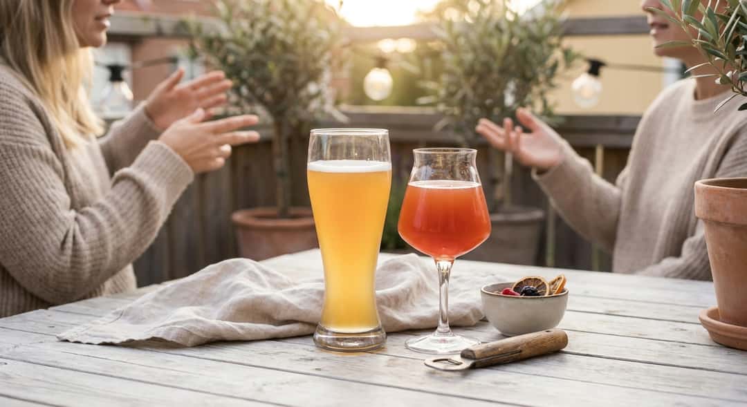 A Weizen glass and a tulip glass with different beer types, arranged on an outdoor wooden table in summery evening light (Spyglass C