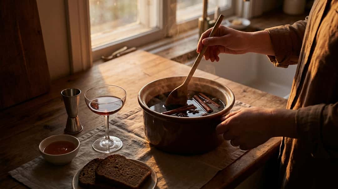 Henkilö sekoittaa puulusikalla höyryävää glögiä keraamisessa kattilassa puisella keittiötasolla, jonka vieressä on ruisleipää ja hunajaa.