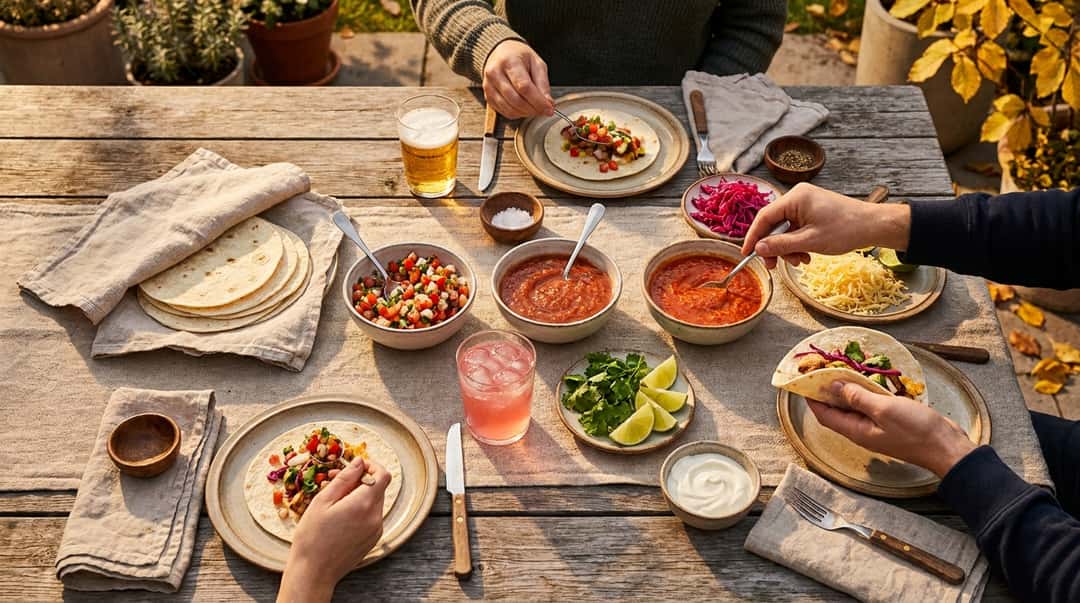 Ett dukat utomhusbord i kvällssol med flera skålar salsa, tillbehör, öl, agua fresca och händer som fyller tortillabröd.
