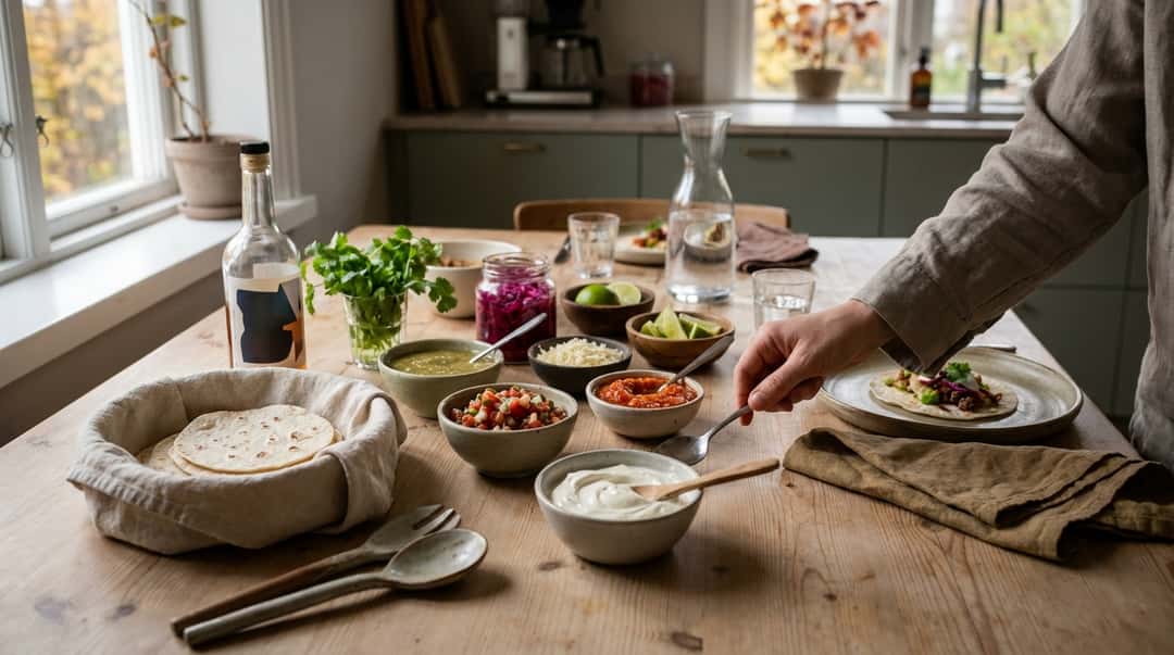 Ett träbord dukat med tortillor, skålar med olika salsor, tillbehör och en hand som tar mat i ett ljust kök.