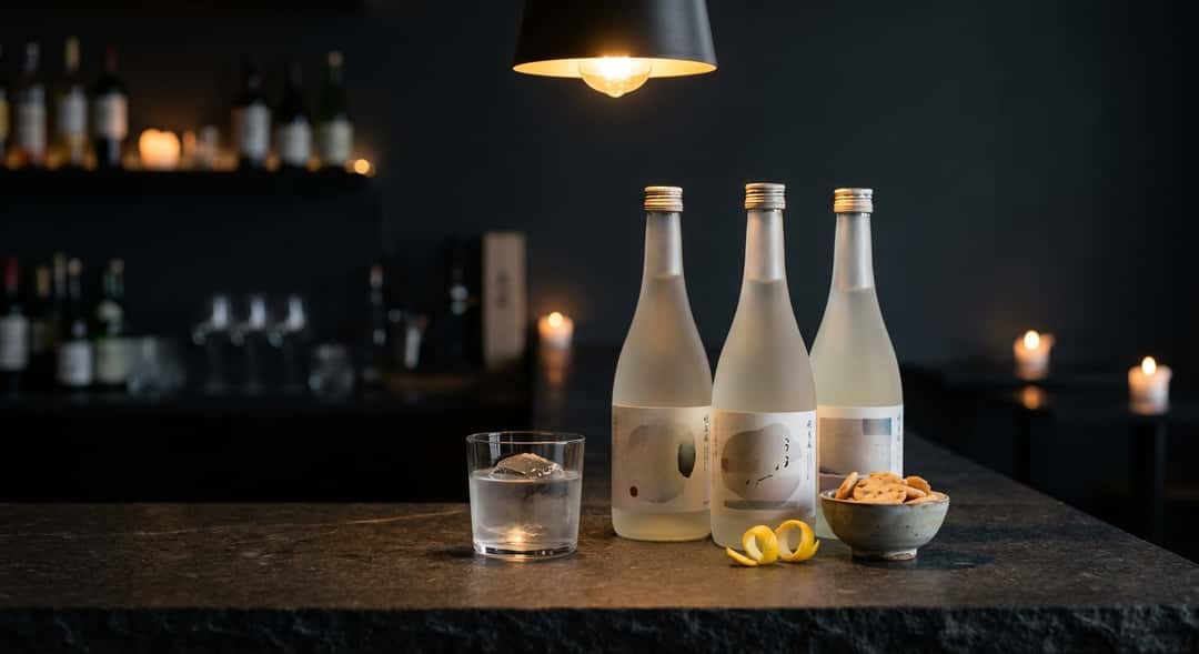 Tre ulike sake-flasker stilt opp ved siden av hverandre på en lys kjøkkenbenk, (Ninki-Ichi Yuzu Sake)