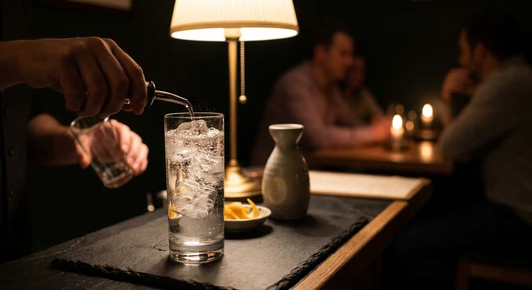 Nærbilde av iskaldt musserende vann som helles i et highball-glass med sake og is, bobler stiger opp